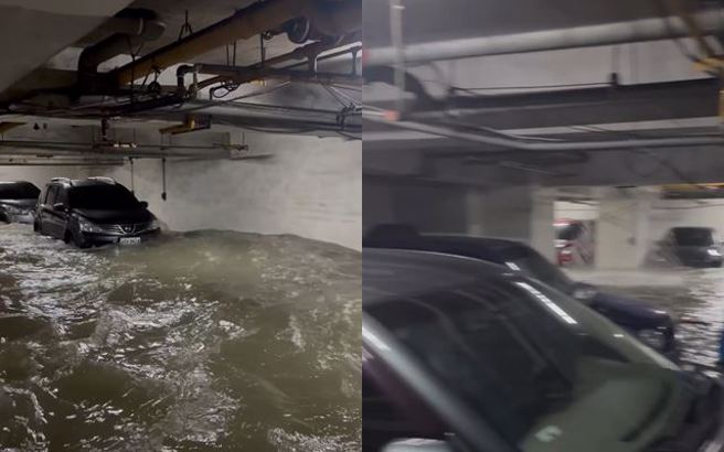 凯米颱风侵台造成中南部多处淹水，有民眾的住家地下室被大水淹没。（图／网友kuso_momo_授权提供）