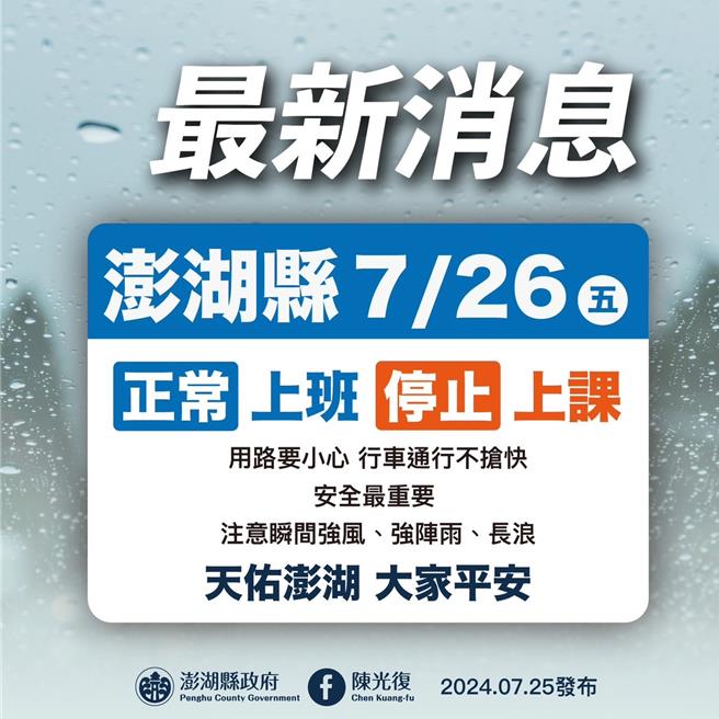 2024年7月25日澎湖縣／澎湖縣政府原先決策公布的是26日正常上班、停止上課。（澎縣府提供／許逸民澎湖傳真）