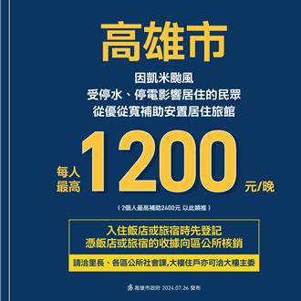 颱風受災戶安置旅館 高市府補助每人每晚1200元