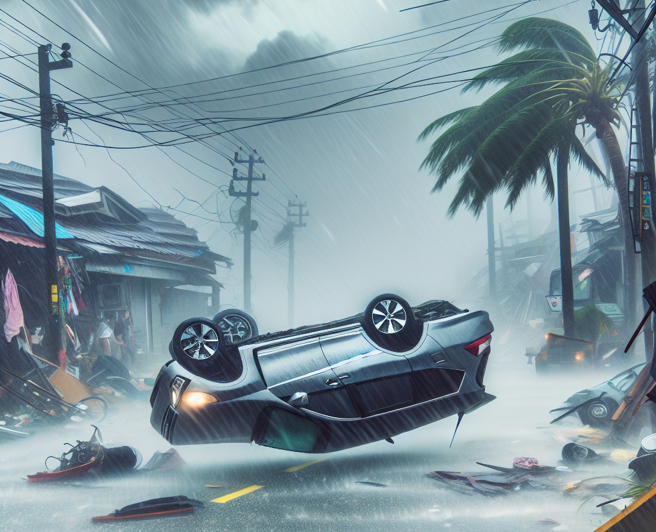 颱风侵袭时，冲绳因为没有高山可以抵挡，轻型汽车容易被强风吹翻。（示意图／AI生成图）