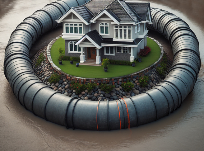 男子砸錢買「以水擋水堤防」，被鄰居笑是冤大頭，不過當洪水來襲時卻只有他家成功躲過一劫。（示意圖／AI生成圖）