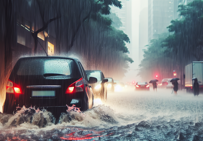 凯米颱风引进西南气流，中南部暴雨狂灌，淹水灾情惨重。（示意图／AI生成图）