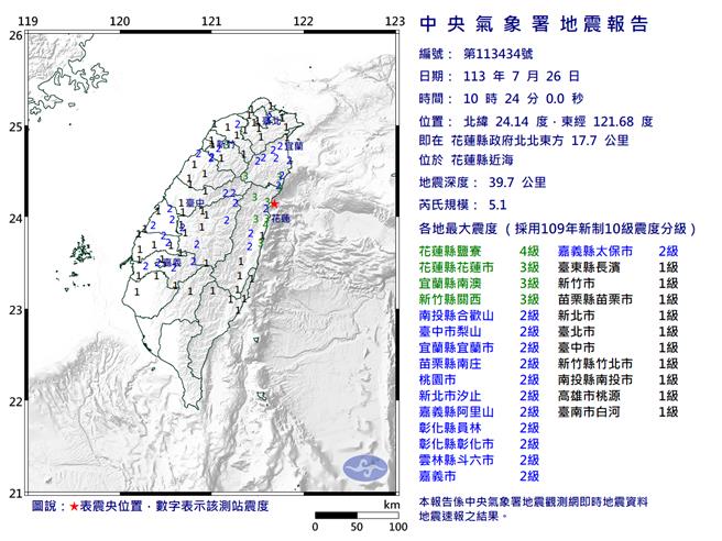 26日上午花蓮近海發生規模5.1地震。（中央氣象署提供）