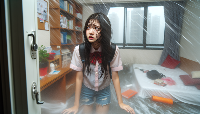 女网友抱怨，颱风天出门因为忘记关阳台门，房东竟称若因此导致东西泡水损坏将求偿，引起讨论。（示意图／AI生成）