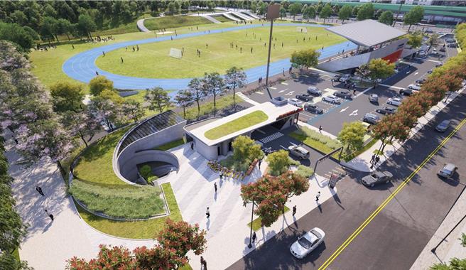 獲得國家卓越建設獎「規劃設計類」金質獎的中和區錦和運動公園停車場。（新北市交通局提供）