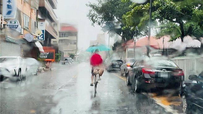 脚踏车伯撑伞骑车，一派轻松地「雨神同行」，后方汽车驾驶直呼「强者阿伯，任性又韧性」。（萧嘉蕙摄）