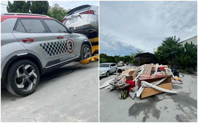 彰化鹿港顶番婆区沟墘里灾情，Nini无奈表示1楼的车子、家电和家具全都遭殃。（图／Nini老师 提供）