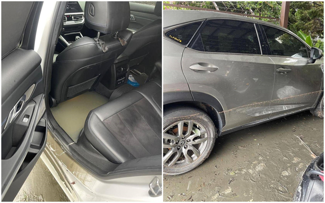 车外水痕显示当时水深高度，连车内也有积水，让Nini相当无奈。（图／Nini老师 提供）