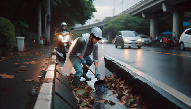 高雄一名騎士利用等紅綠燈時間，把水溝蓋的樹葉撿起來，讓網友讚爆。（圖／示意圖，AI生成圖）