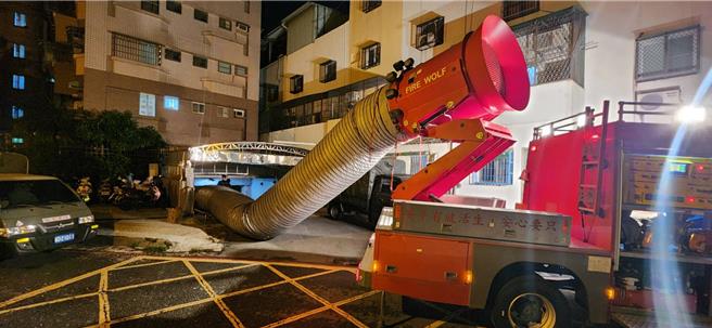 消防局支援大型排烟车协助抽水地下室现场降低一氧化碳浓度。（高雄市府提供／洪靖宜高雄传真）