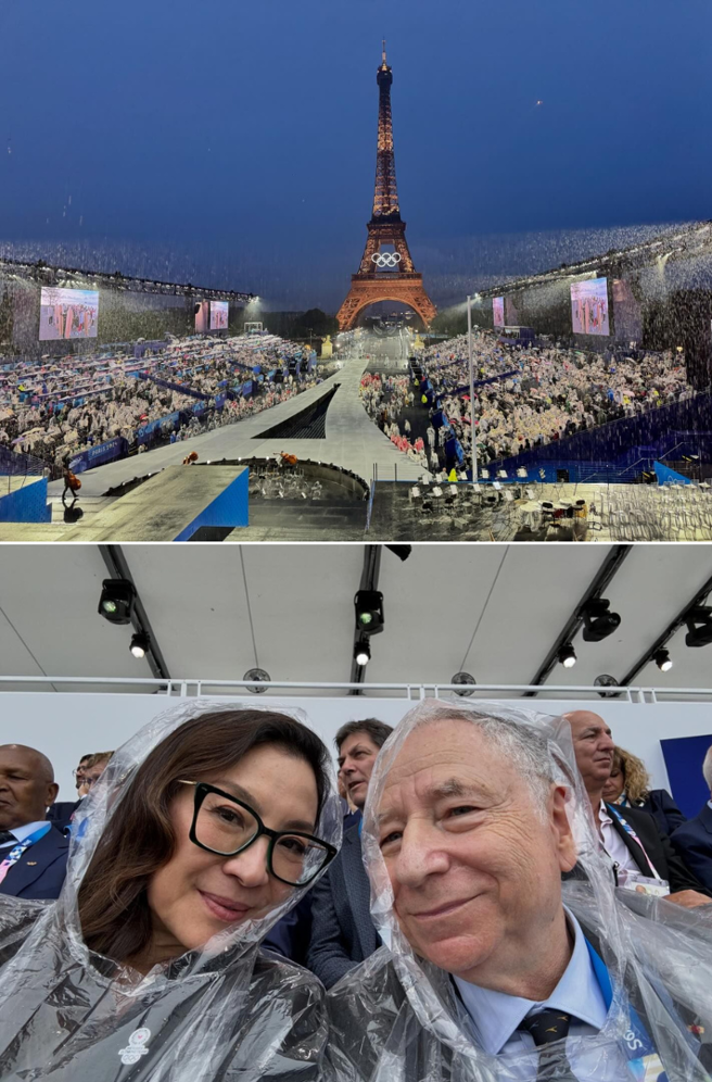 楊紫瓊分享朝聖巴黎奧運開幕典禮的畫面及丈夫穿雨衣坐在觀眾席的合照。（圖／翻攝自楊紫瓊臉書）