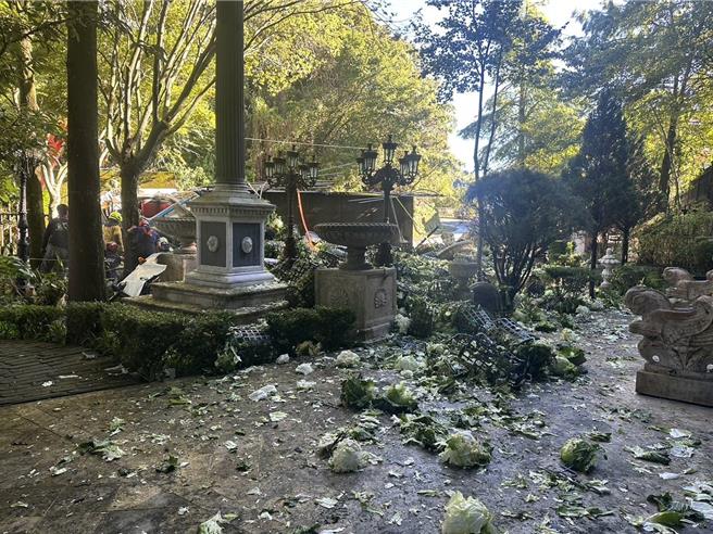 清境民宿老英格兰的花园一片狼籍，满地高丽菜及砖块，花园的石雕也东倒西歪。（民眾提供／杨静茹南投传真）