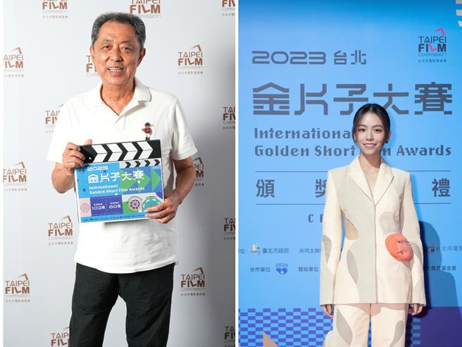 导演朱延平（左）和宋芸桦鼓励创作者踊跃报名金片子大赛。（影委会提供）