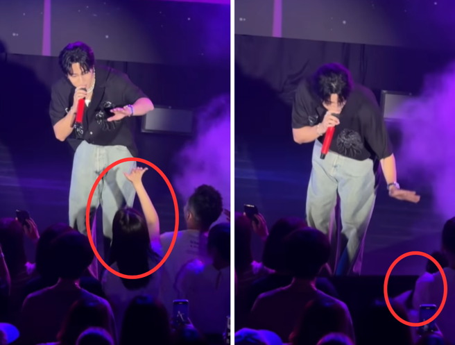 阿梅看娄俊硕演出中途被好友拉到台前，正当她伸手想与对方击掌时却不小心惨摔。（图／翻摄自Melinda阿梅IG）