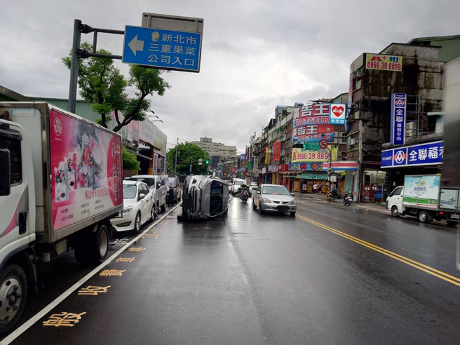 蔡姓男子（70歲）駕駛自小客車沿著中正北路朝蘆洲方向行駛時，疑因天雨視線不良，不慎向右偏移，擦撞路邊停放的兩輛自小客車後翻覆。（圖／警方提供）