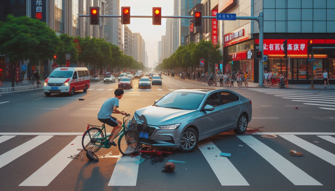 大陸青島一名單車騎士闖紅燈遭撞，連人帶車卡在轎車引擎蓋上。（示意圖、與本案無關／AI生成）