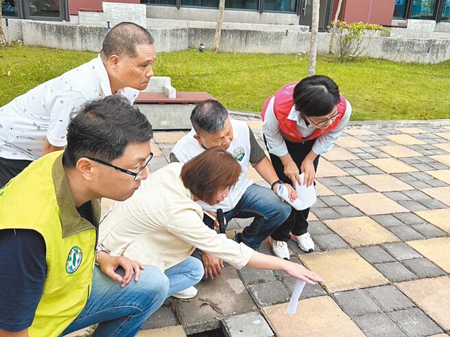 台中市大里區國光路二段人行道建設逾20年，路面遭樹木竄根凹凸不平、破損，立委何欣純（中）29日邀集相關單位會勘，多位市議員到場關心。（潘虹恩攝）