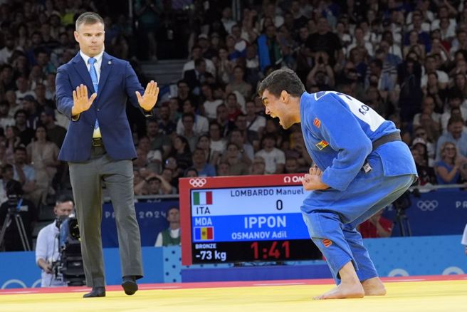 摩尔多瓦柔道选手欧斯曼诺夫摘铜，振奋大吼。（美联社资料照）