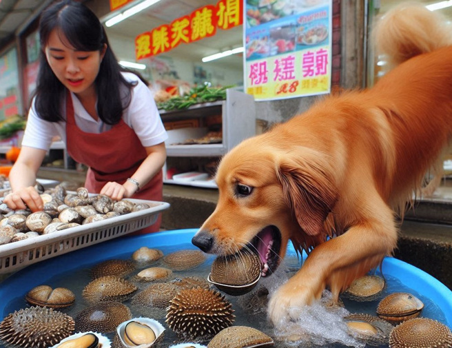 大陸有海產店遭黃金獵犬帶著同伴潛入「撈鮑魚」，然而，海產店女店員對於兩狗的行為並不責怪，也認為黃金獵犬就是天生愛玩。（圖／翻攝自微博）
