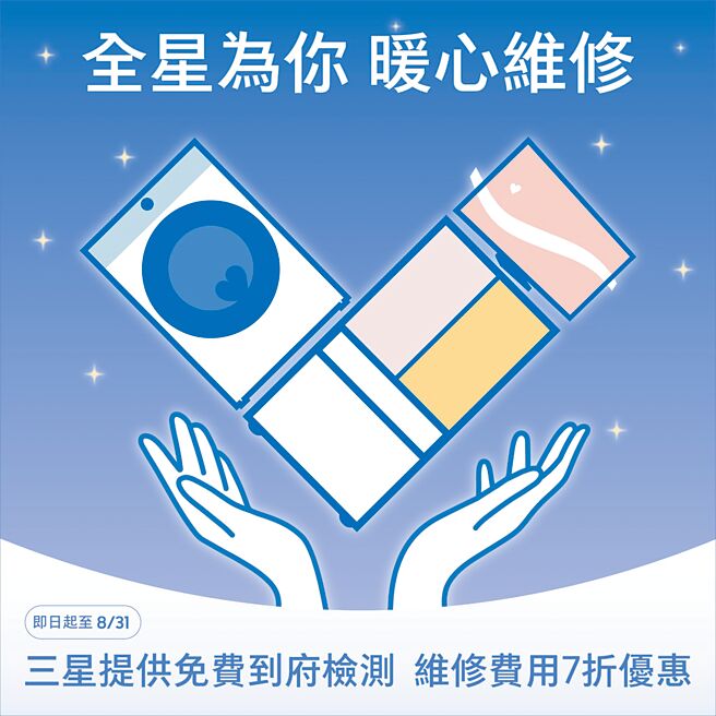 台灣三星電子提供「全星為你」免費到府檢測以及維修費用7折優惠，助災民重建家園。（三星提供）