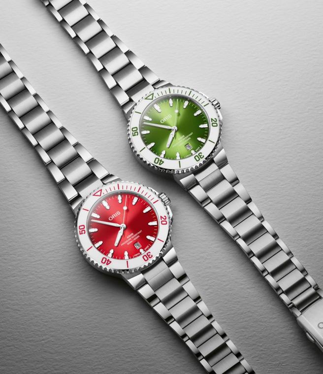 ORIS推出沁涼水果色的Aquis日期「蜜瓜表」，有西瓜綠與西瓜紅兩款，7萬5800元。（ORIS提供）