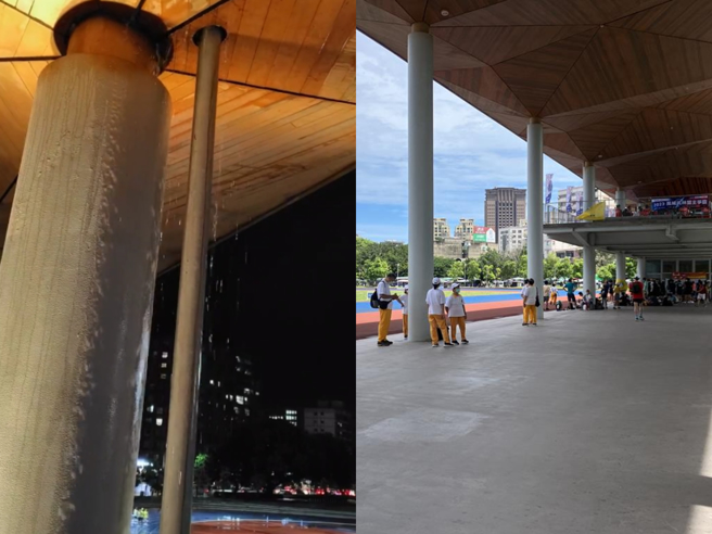 新竹市政府斥資2.5億元全面翻新改造田徑場於2020年啟用，新增大棚架讓民眾可在此遮陽避雨，跳舞、打太極拳等（右）。（王惠慧攝）