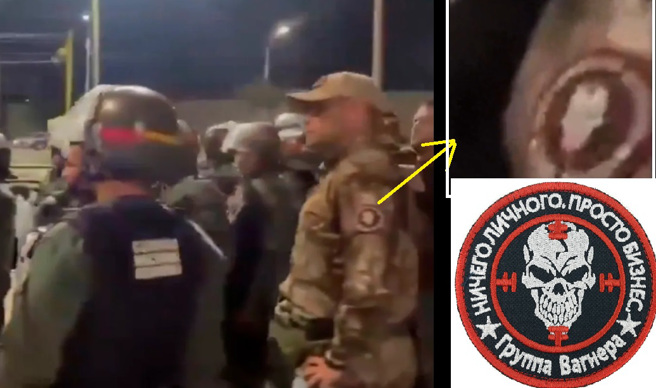 一段影片顯示,委內瑞拉鎮暴警察中，有佩帶瓦格納標誌的人員。(圖/x)