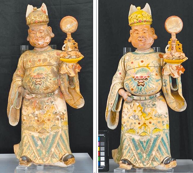 台南學甲慈濟宮典藏的葉王交趾陶迄今已有164年歷史，終於首度洗了第1次澡。圖左為洗澡前，作品臉上明顯有髒汙，圖右為清洗後可見作品細膩神情。（文資處提供／曹婷婷台南傳真）