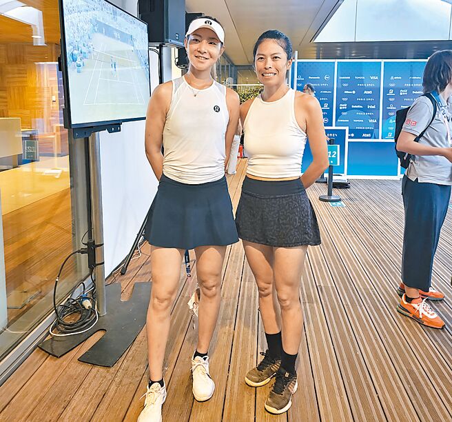 中華隊網球女雙組合謝淑薇（右）、曹家宜因為對手退賽，不戰晉級巴黎奧運女雙8強。（陳筱琳攝）