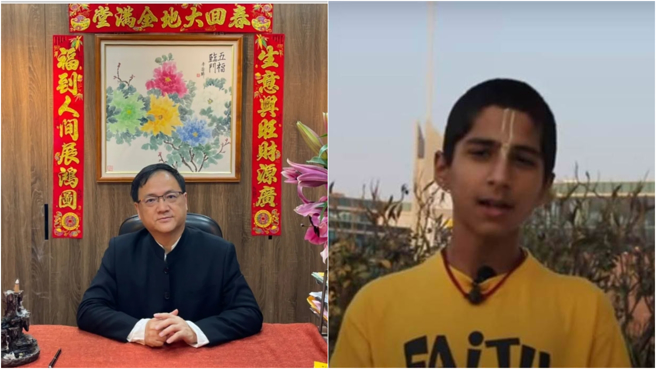 知名命理师江柏乐(左)认为，印度神童阿南德(右)来台湾是为了赚钱的。（图／翻摄自脸书 江柏乐风水好好玩 、YouTube《Conscience》)