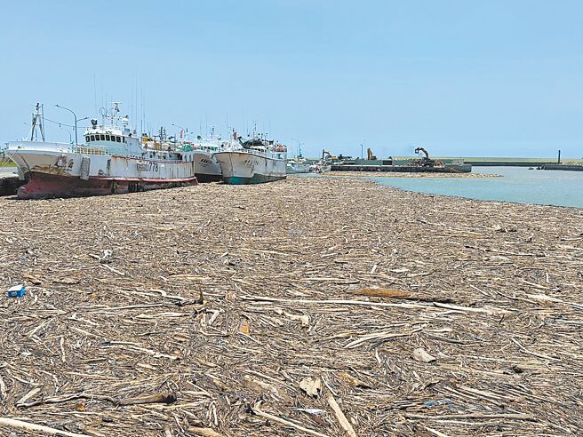 屏东县盐埔渔港3日漂流木堆积的状况比凯米颱风来袭时严重，相关单位加派人力清运，不仅岸上有重机具在清理，水上还有2艘竹筏执行浮木围网驱离作业。（谢佳潾摄）