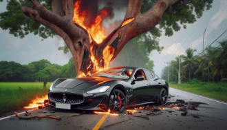 男駕駛瑪莎拉蒂轎車打瞌睡　衝撞百年老樟樹起火燃燒