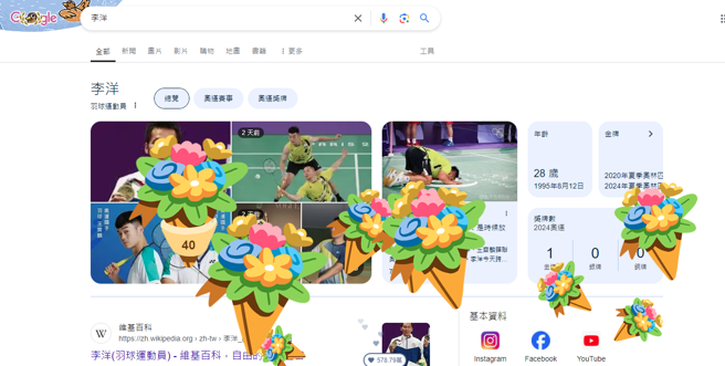 在Google上搜寻「王齐麟」或「李洋」，网页上就会跳出一面小金牌，还可以按下「花束」，出现花海庆祝。（翻摄自Google网页）