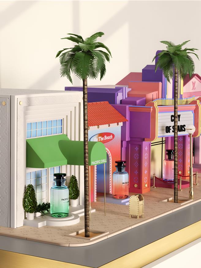 維妙維肖的海濱街屋，盛裝著LV全系列古龍水。（LV提供／黃唯淯台北傳真）