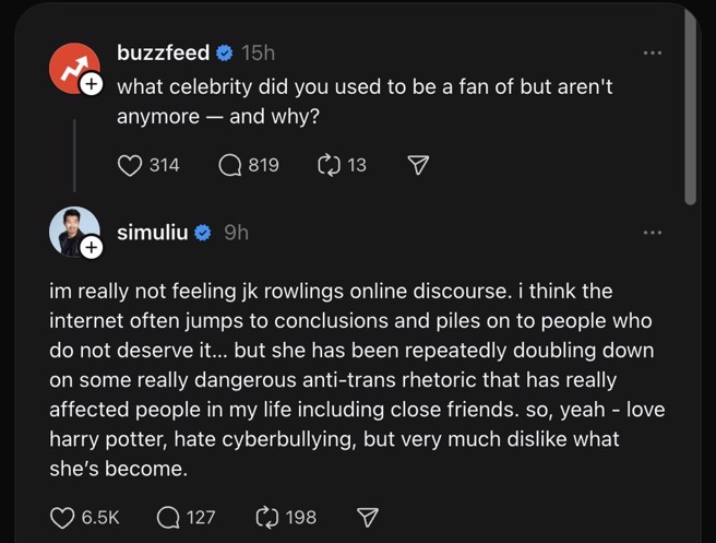 劉思慕坦言「非常不喜歡J.K.羅琳現在的樣子」。（圖／Threads）