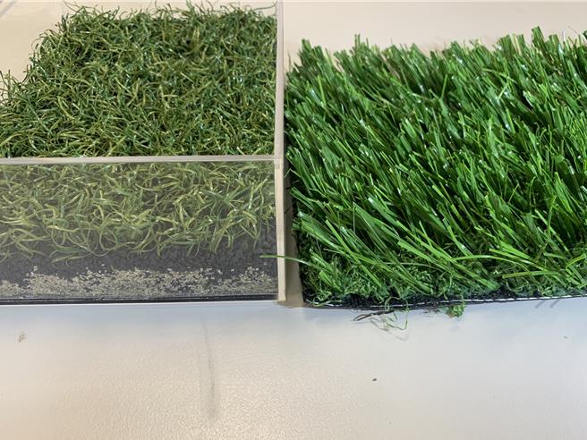 左侧为目前大巨蛋使用的美津浓品牌，右侧为天母棒球场採用的astro turf品牌。（台南市政府提供／宝智华台南传真）
