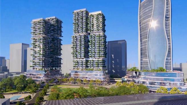 高雄捷運橘線O9苓雅運動園區站聯合開發案的模擬圖。圖/高雄捷運局提供