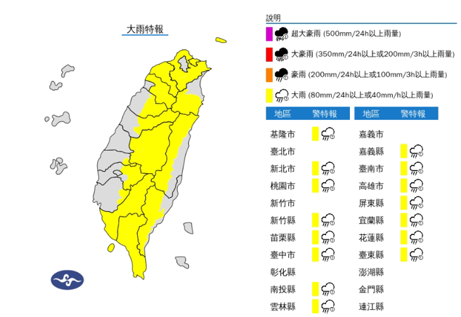 气象署发布大雨特报，15县市慎防大雨、雷击及强阵风。（中央气象署提供）