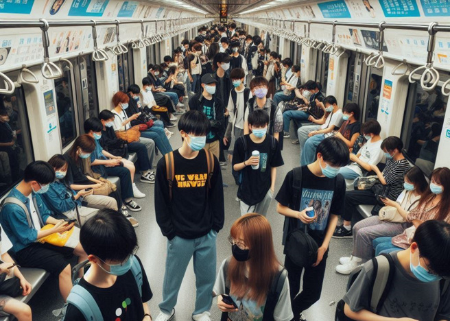 一名网友搭捷运时发现，虽然疫情已缓解，但大多数人依然习惯戴着口罩。（示意图／AI生成）