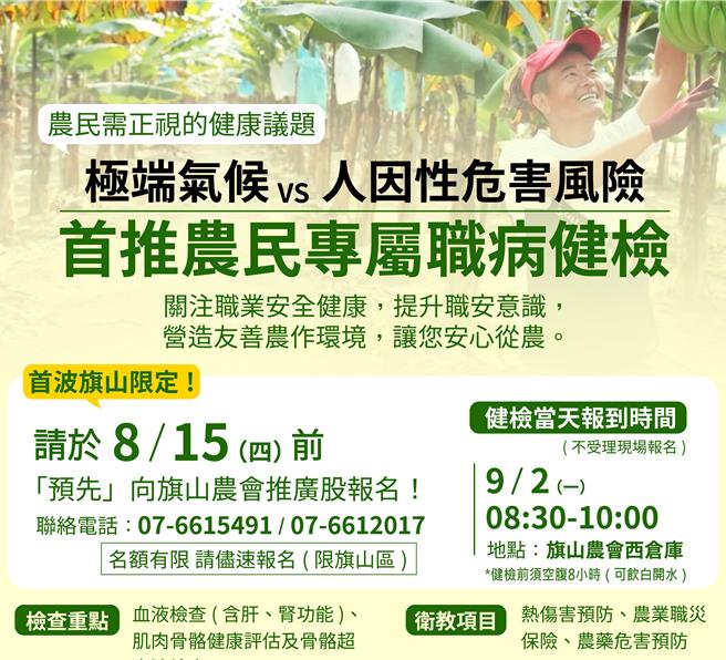 高雄市政府農業局針對農民因工作造成職業傷害，與高雄市立小港醫院攜手合作，首次在高雄市旗山區試辦「農民專屬職病健康檢查」，以提升農民健康意識及預防職業傷害，這也是六都第一個推行的「農民職業災害健檢」試辦活動。（高雄市農業局提供／林雅惠傳真）