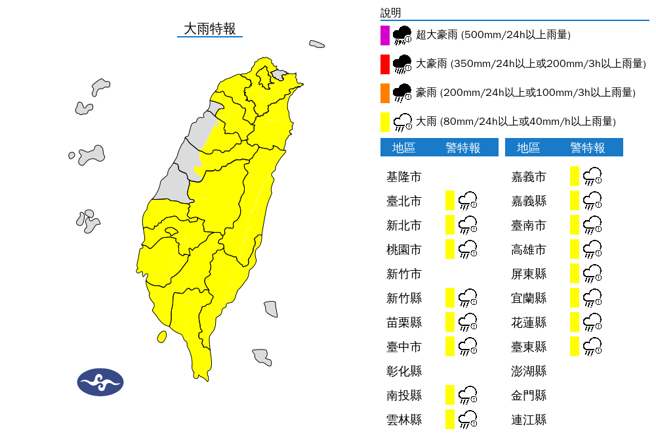 氣象署發布大雨特報，午後對流雲系發展旺盛，易有短延時強降雨。（氣象署）