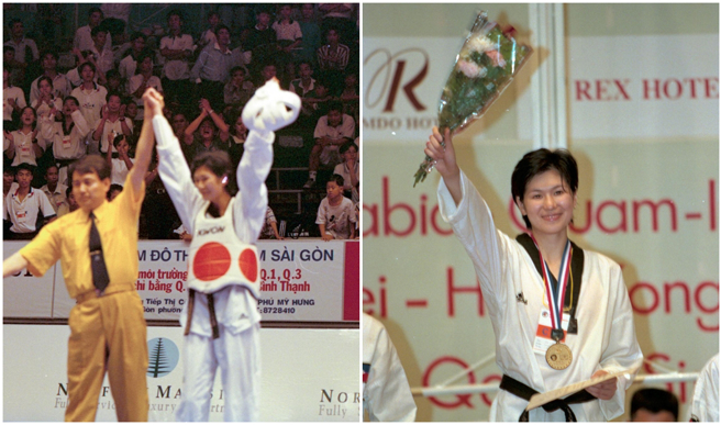 1998年第13屆亞洲盃跆拳道錦標賽頒獎，陳怡安奪金。（圖／中時資料照）