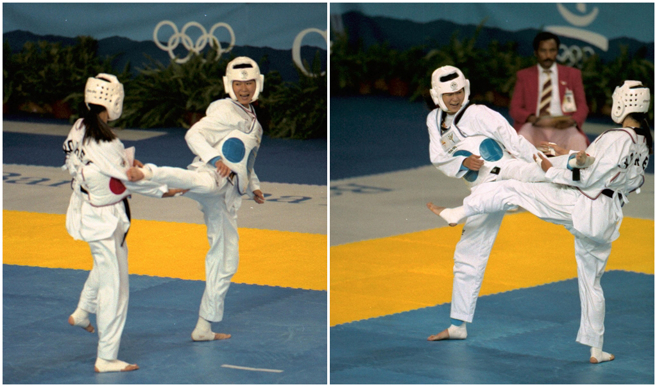 1992年巴賽隆納奧運，女子跆拳道陳怡安場上攻勢依舊凌厲。（圖／中時資料照）