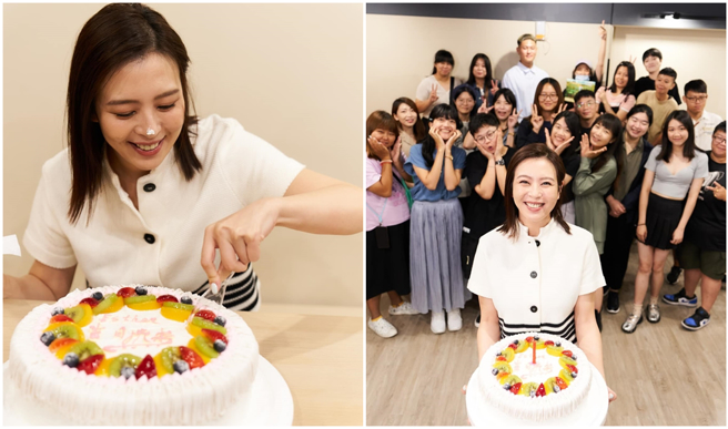 女星刘品言的生日正巧是父亲节，她和粉丝同乐切蛋糕庆生。（图／摄自FB 刘品言 Esther LIU）