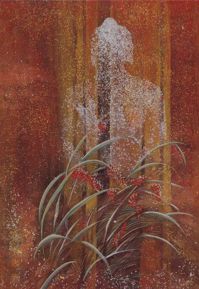 华梵大学佛艺系主任陈俊吉纸本胶彩作品〈光中化佛〉。（图／华梵大学）