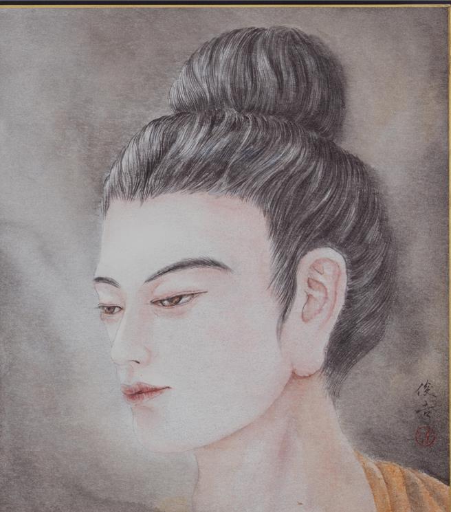 华梵大学佛艺系主任陈俊吉银潜板胶彩水墨作品〈慈悲佛陀〉。（图／华梵大学提供）