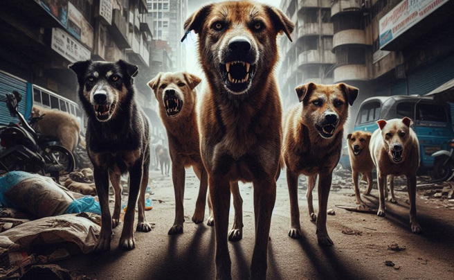 近日台南市区有一大群流浪狗出没，多次被民眾目击，疑似还在半夜狩猎、攻击野猫。（示意图／AI生成）