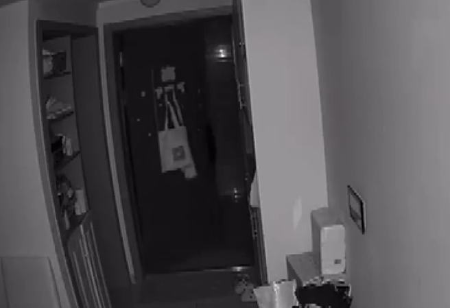 女半夜起床倒水喝發現大門門關，回頭看監視器畫面時，竟發現大門自行開啟。（圖／翻攝自微博）