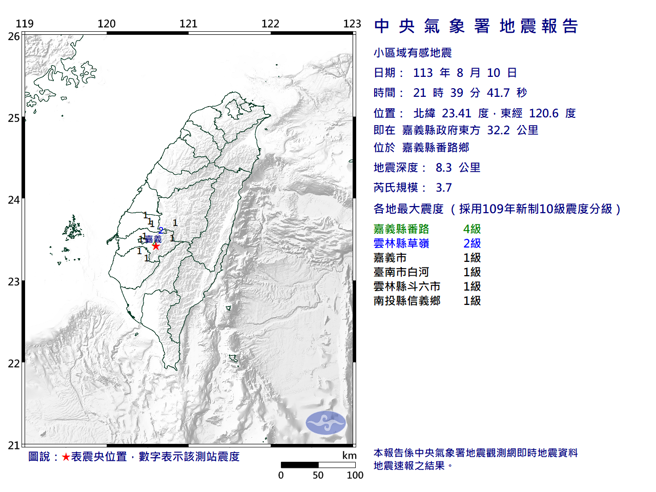 10日晚間嘉義發生規模3.7地震。（圖／氣象署）