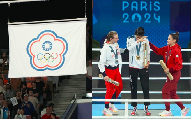 林郁婷(中)在巴黎奥运拳击女子57公斤级夺下金牌，颁奖唱《国旗歌》时忍不住落泪。（合成图／中华奥会採访团、杜宜谙摄）